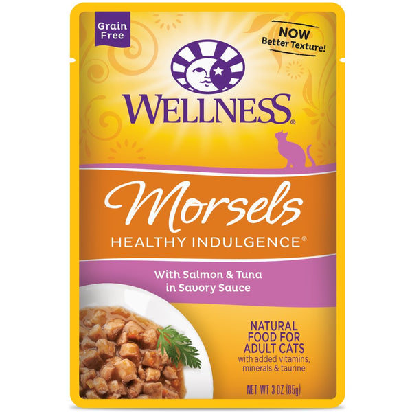 Wellness Healthy Indulgence Morsels with Salmon & Tuna in Savory Sauce Grain-Free Wet Cat Food Pouches