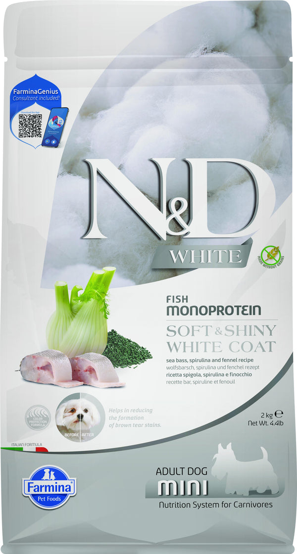 Farmina N&D Manteau blanc Loup de mer, varech & fenouil Croquettes mini pour chiens adultes