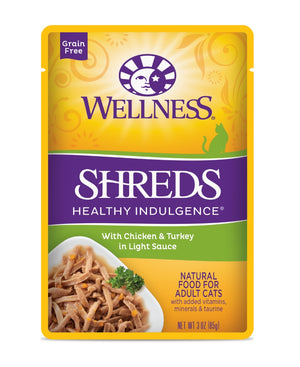 Wellness Healthy Indulgence Shreds with Chicken & Turkey in Light Sauce Grain-Free Wet Cat Food Pouches