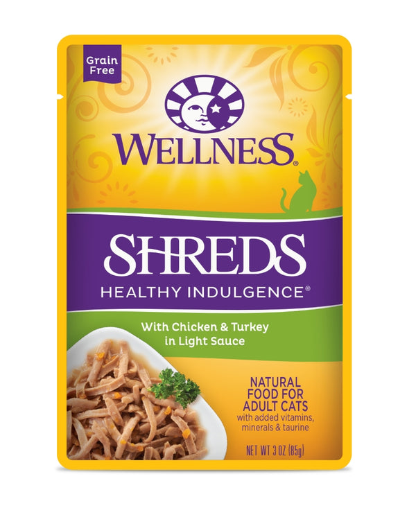 Wellness Healthy Indulgence Shreds with Chicken & Turkey in Light Sauce Grain-Free Wet Cat Food Pouches