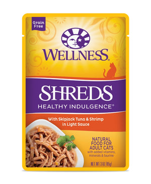 Wellness Healthy Indulgence Shreds with Skipjack Tuna & Shrimp in Light Sauce Grain-Free Wet Cat Food Pouches