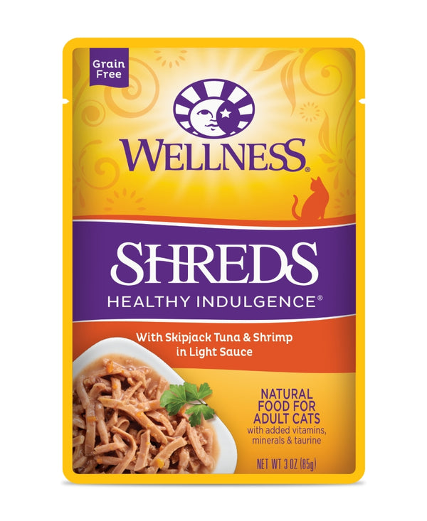 Wellness Healthy Indulgence Shreds with Skipjack Tuna & Shrimp in Light Sauce Grain-Free Wet Cat Food Pouches