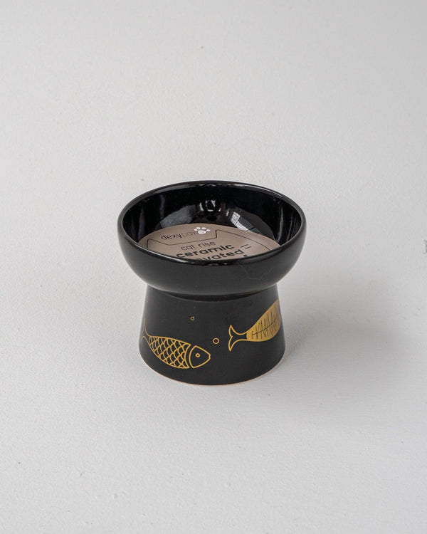 Dexypaws Gamelle surélevée en céramique pour chat, impression poissons noir/doré
