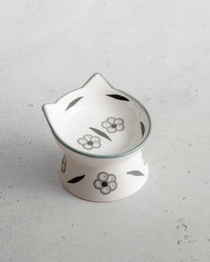 Dexypaws Ceramic Elevated Cat Bowl, Floral White/Black