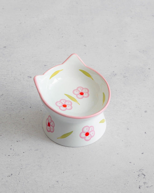Dexypaws Gamelle surélevée en céramique pour chat, blanc/fleuri rose pâle