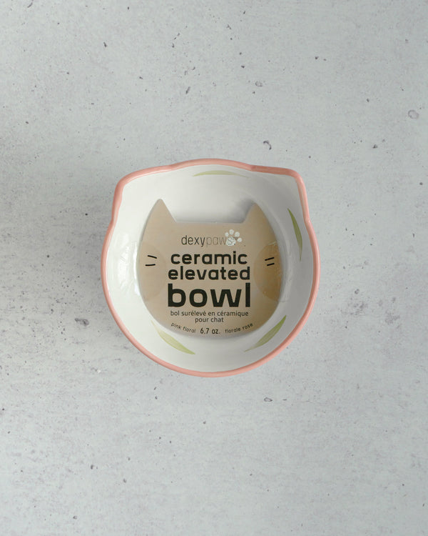 Dexypaws Gamelle surélevée en céramique pour chat, blanc/fleuri rose pâle