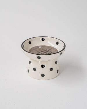 Dexypaws Ceramic Elevated Cat Bowl, White/Black Polka Dot
