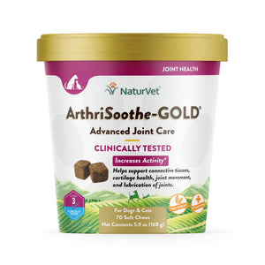 NaturVet Advanced Care ArthriSoothe-GOLD Supplément pour chien, Croquettes molles de niveau 3 cliniquement testées, 70 unités
