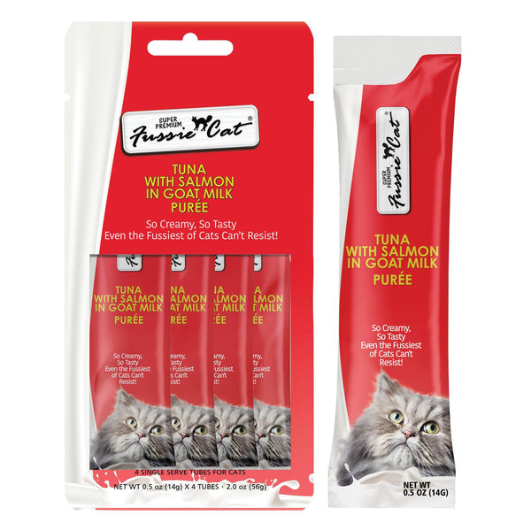 Fussie Cat Super Premium Tuna with Salmon in Goat Milk Puree Cat Treats