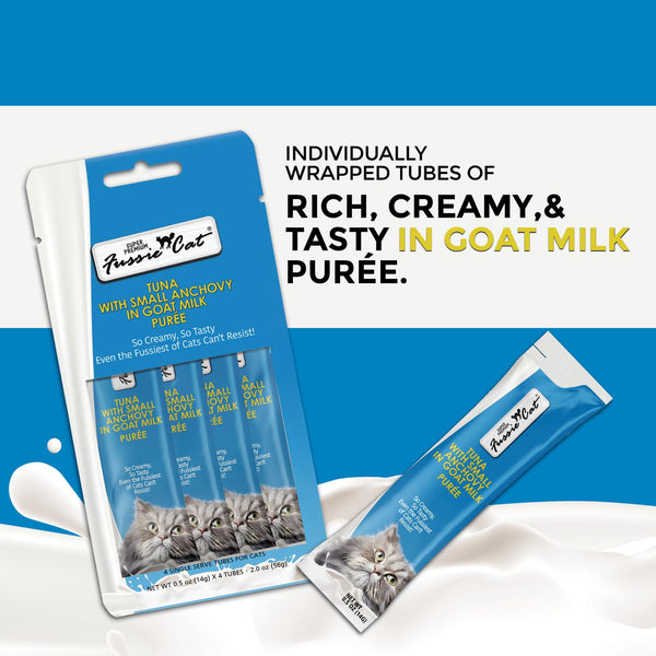 Fussie Cat Friandises Premium Thon aux Anchois en Purée de Lait de Chèvre pour chat