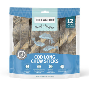 Icelandic+ Friandises longues à mâcher en peau de cabillaud enroulée à la main pour chiens, 10 pouces