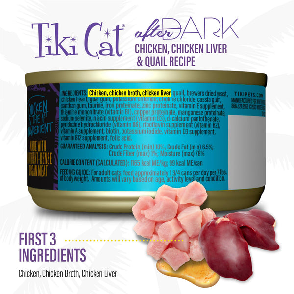 Tiki Cat After Dark Pâté doux au poulet, foie de poulet et caille, boîte de nourriture humide pour chats