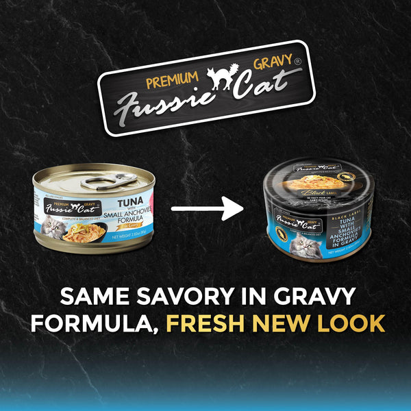 Fussie Cat Black Label Premium Tuna with Small Anchovies in Gravy Wet Cat Food Can