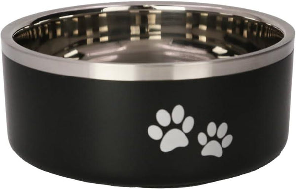 Indipets Stainless Steel Double Wall with Paw Prints Pet Bowl, Black