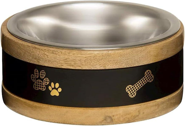 Indipets Wooden Ring & Metal Plate with Paw Prints Pet Bowl, Black