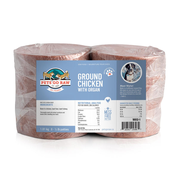 Pets Go Raw Galettes surgelées de poulet haché avec viande d'organes pour chiens