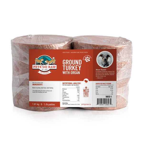 Pets Go Raw Ground Turkey with Organ Meat Patties Frozen Dog Food