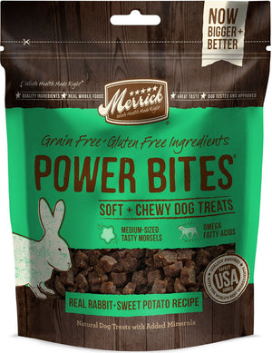 Merrick Power Bites Recette Vrai Lapin + Patate Douce Friandises molles et moelleuses sans céréales pour chiens, 6 oz