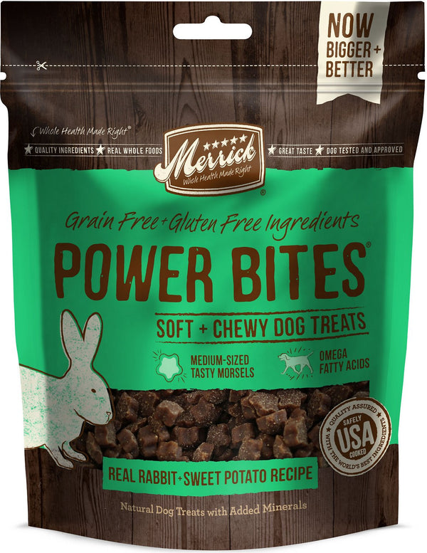 Merrick Power Bites Recette Vrai Lapin + Patate Douce Friandises molles et moelleuses sans céréales pour chiens, 6 oz