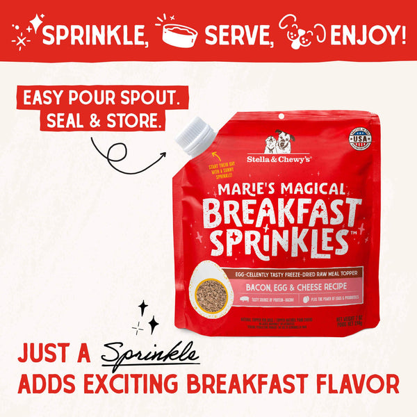 Stella & Chewy's Marie's Magical Breakfast Sprinkles bacon, œuf et fromage, topping lyophilisé pour chiens