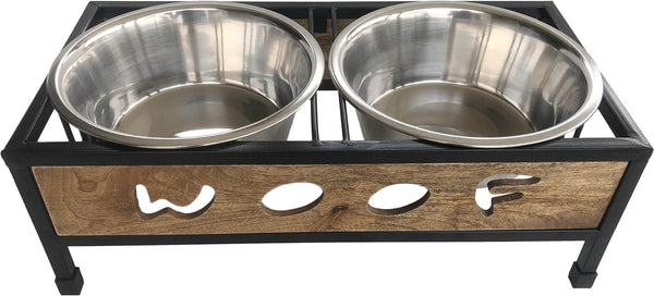 Indipets Support en bois et fer WOOF avec bols en acier inoxydable Dînette surélevée pour chien