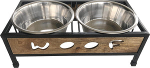 Indipets WOOF Design Wooden & Iron Stand with Stainless-Steel Bowls Elevated Dog Diner