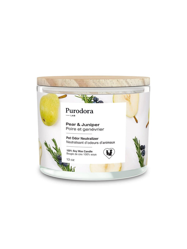 Purodora Lab Bougie 100% soja & Neutraliseur d'odeurs pour animaux, Poire & Genévrier
