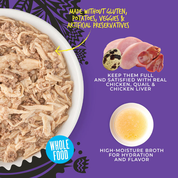 Tiki Cat After Dark Shreds Poulet, Caille & Foie de Poulet en Bouillon Nourriture humide pour chats en boîte