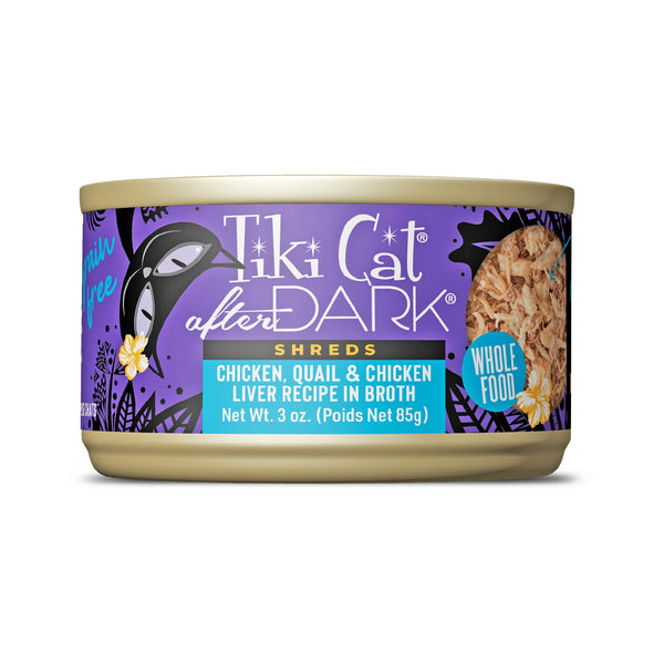 Tiki Cat After Dark Shreds Poulet, Caille & Foie de Poulet en Bouillon Nourriture humide pour chats en boîte