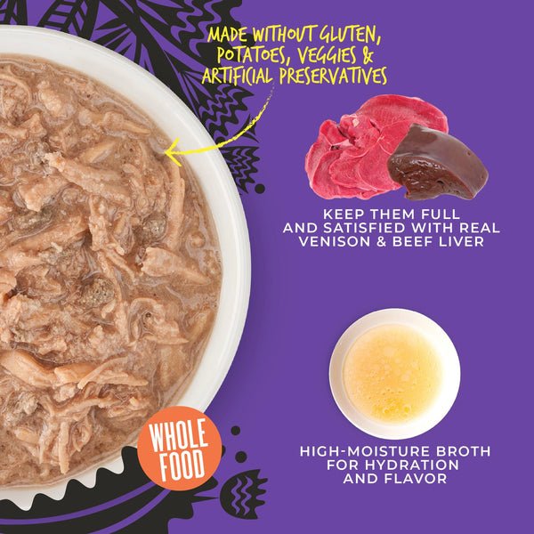 Tiki Cat After Dark Shreds Venaison & Foie de Bœuf en Bouillon Nourriture humide pour chats en boîte