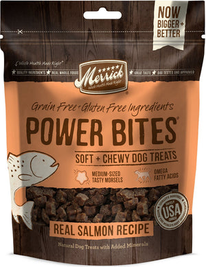 Merrick Power Bites Recette au vrai saumon Friandises molles et moelleuses sans céréales pour chiens, 6 oz