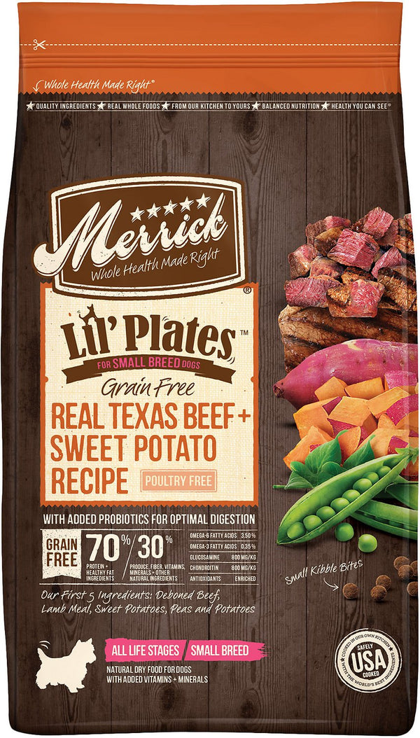 Merrick Lil' Plates Croquettes pour chien sans céréales au vrai bœuf et patate douce