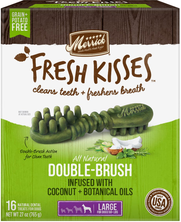 Merrick Fresh Kisses Double-Brosse Huile de noix de coco et botaniques Grandes Friandises dentaires sans céréales pour chiens