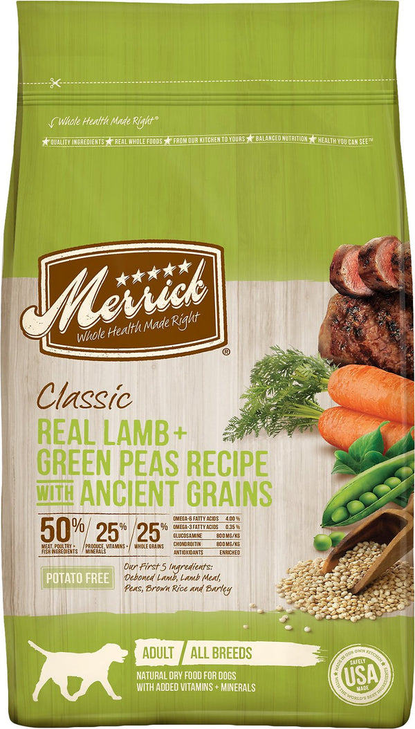 Merrick Classic Recette agneau véritable + pois verts aux céréales anciennes Croquettes pour chiens adultes