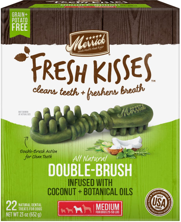 Merrick Fresh Kisses Double-Brush Huile de coco et botaniques Croquettes dentaires sans céréales pour chiens de taille moyenne