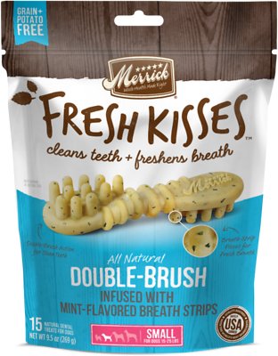 Merrick Fresh Kisses Petites Friandises dentaires sans céréales pour chiens, bandes à double brossage à la menthe fraîche