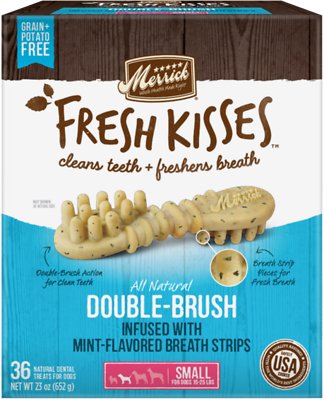 Merrick Fresh Kisses Petites Friandises dentaires sans céréales pour chiens, bandes à double brossage à la menthe fraîche