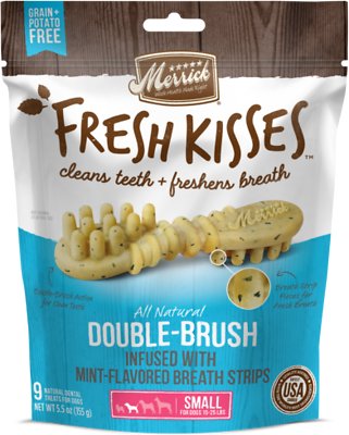 Merrick Fresh Kisses Petites Friandises dentaires sans céréales pour chiens, bandes à double brossage à la menthe fraîche
