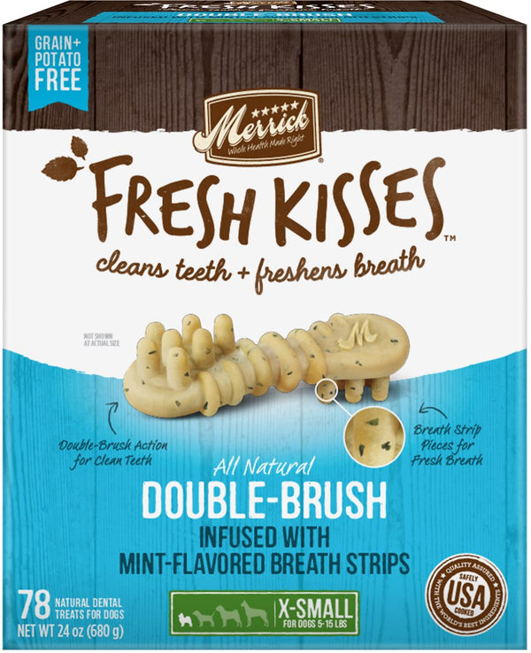 Merrick Fresh Kisses Bandes à double brosse à la menthe friandises dentaires sans céréales pour chiens très petites