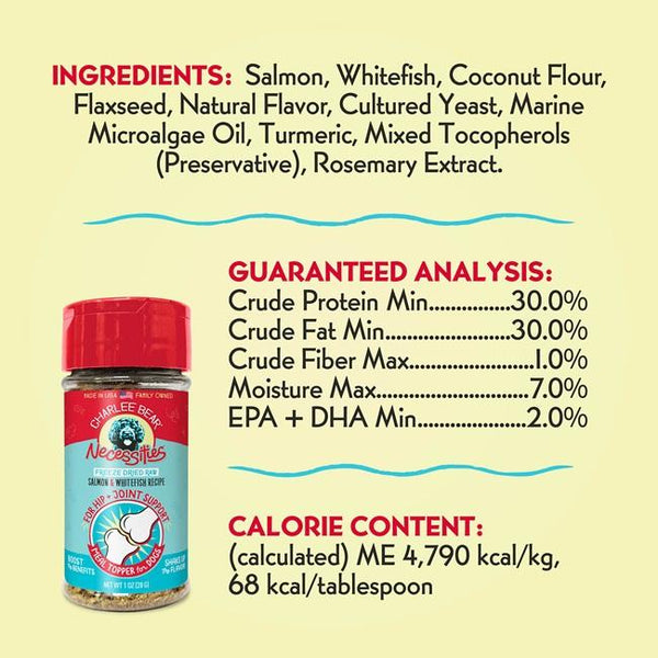 Charlee Bear Necessities Hip & Joint Support Salmon & Whitefish Freeze-Dried Raw Dog Food Topper (CA)