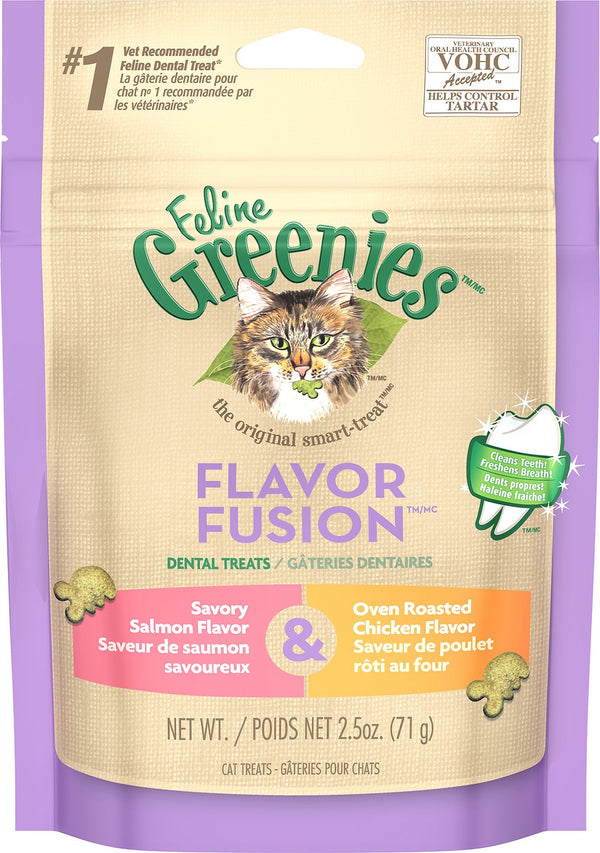 Feline Greenies Dental Treats Flavor Fusion Savory Salmon & Oven Roasted Chicken Flavor Cat Treats, 2.5-oz