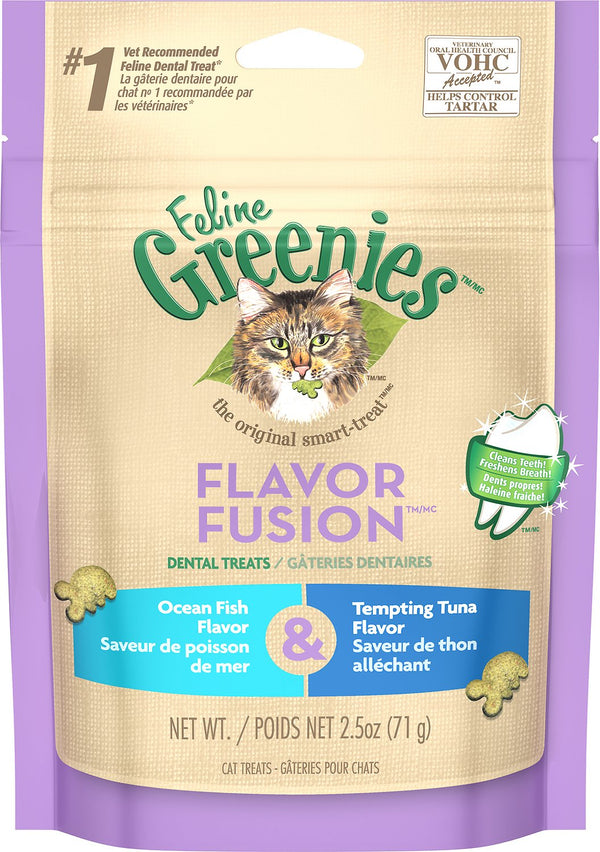 Feline Greenies Dental Treats Flavor Fusion Ocean Fish & Tempting Tuna Flavor Cat Treats, 2.5-oz
