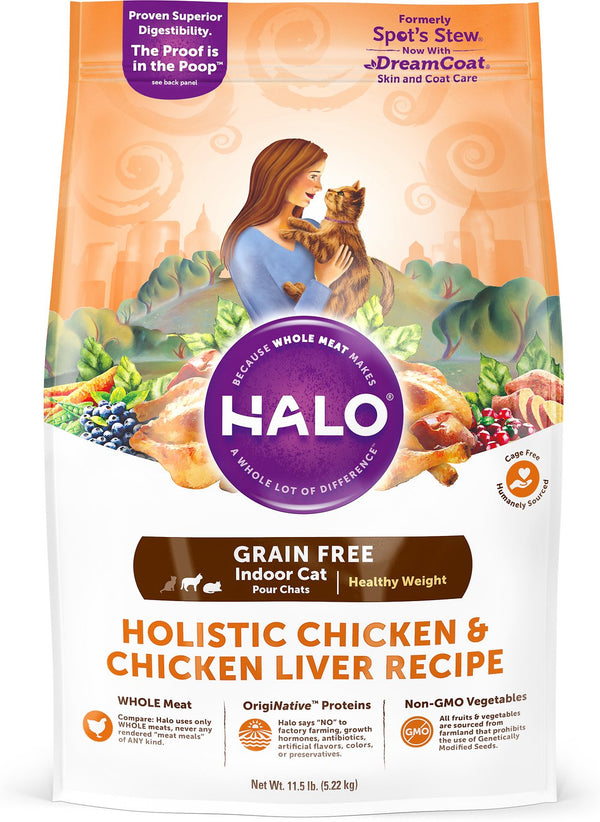 Halo Holistic Recette au poulet et foie de poulet Sans céréales pour chat d'intérieur en surpoids Croquettes pour chat