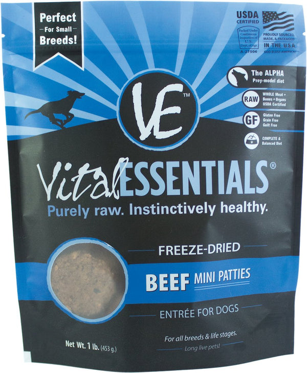 Vital Essentials Beef Entree Mini Patties Grain-Free Freeze-Dried Dog Food, 1-lb