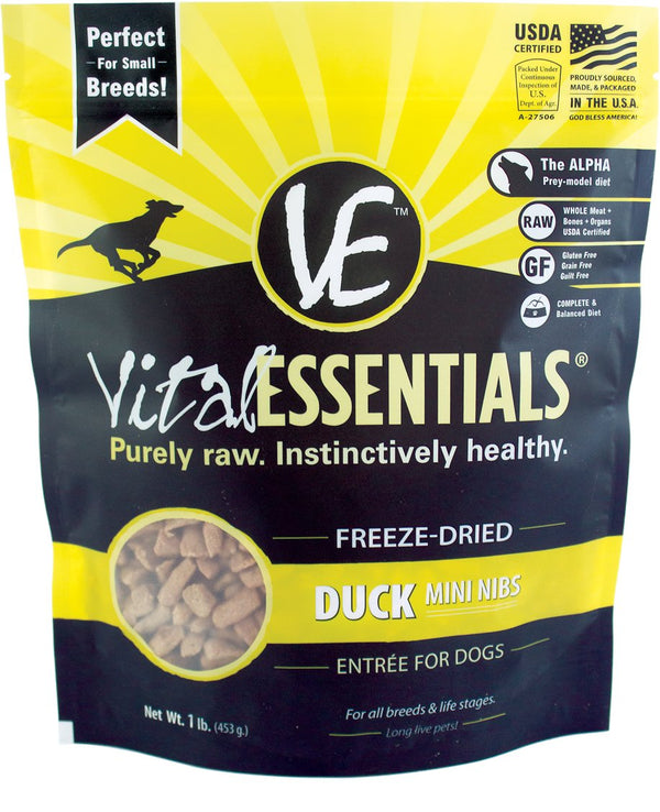 Vital Essentials Duck Entree Mini Nibs Grain-Free Freeze-Dried Dog Food, 1-lb
