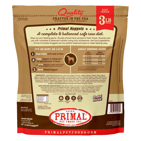 Primal Raw Frozen Nuggets Lamb Formula Dog Food, 3-lb