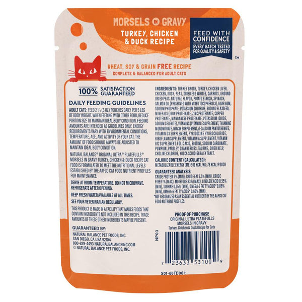 Natural Balance Original Ultra Platefulls Turkey, Chicken & Duck Recipe Morsels in Gravy Wet Cat Food Pouches