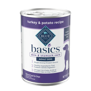 Blue Buffalo Basics Soin de la peau et de l’estomac Dinde naturelle et pommes de terre Croquettes humides sans céréales pour chiens adultes