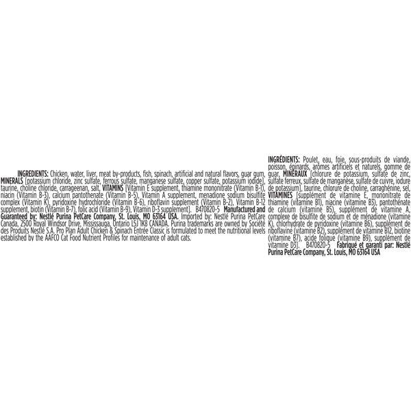 Purina Pro Plan Adulte Sans céréales Entrée classique au poulet et épinards Nourriture humide en conserve pour chats