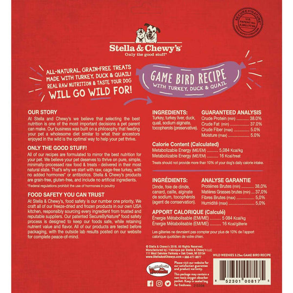 Stella & Chewy's Wild Weenies Recette de gibier à plumes Friandises lyophilisées pour chiens, 3.25 oz